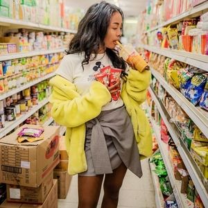 Yellow faux fur coat